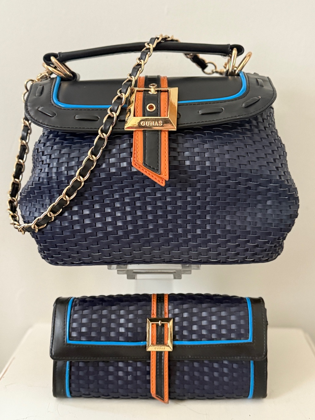 Gunas New York Kate Handbag Wallet Navy Vegan Basket Weave Satchel Crossbody 22k